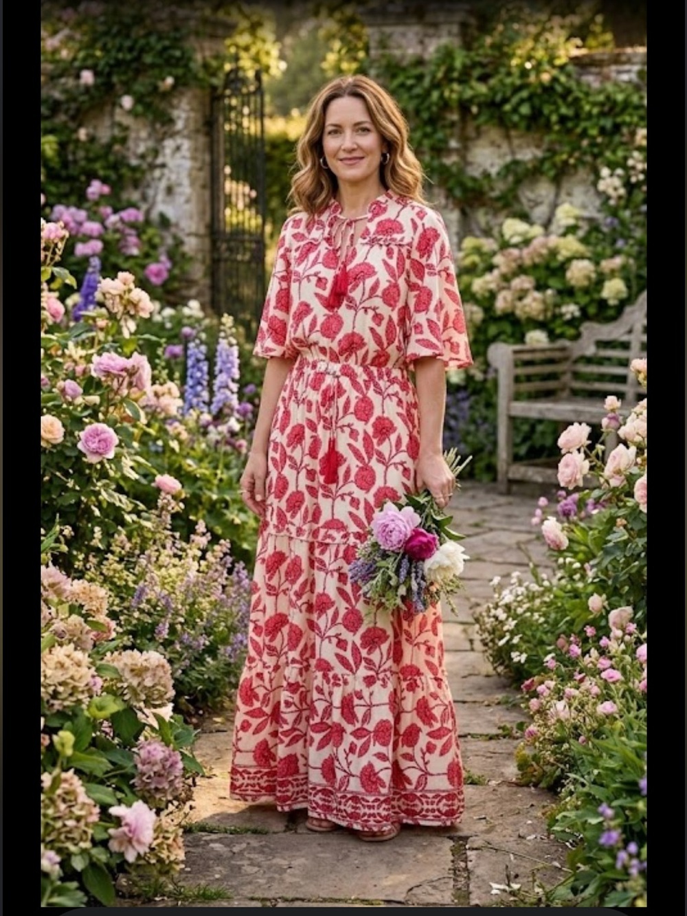 Boemo Floral Tie-Neck Maxi Dress in Red and Cream